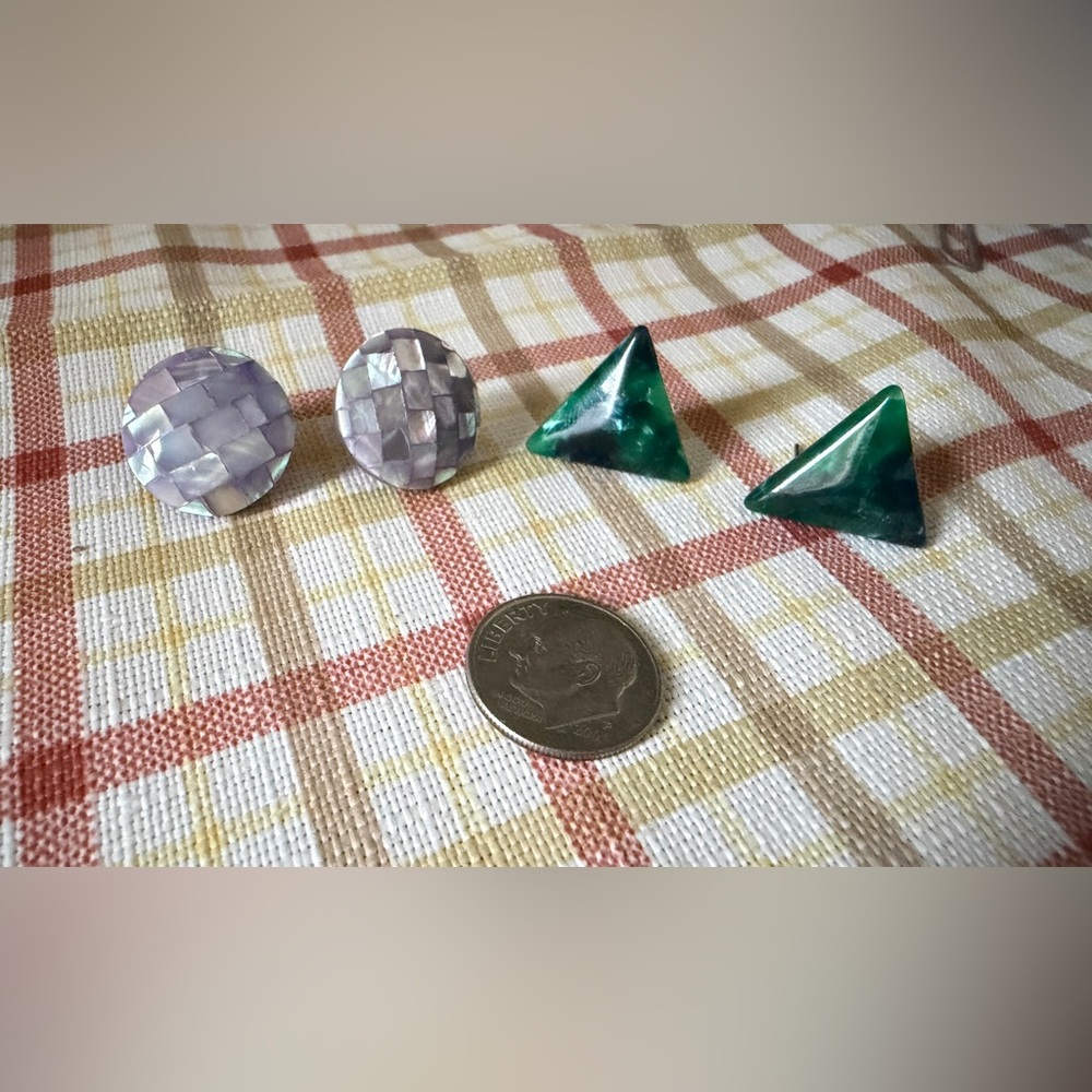 Resin Stud Earring Set | Purple Mosaic & Green Triangle | 2 Pairs